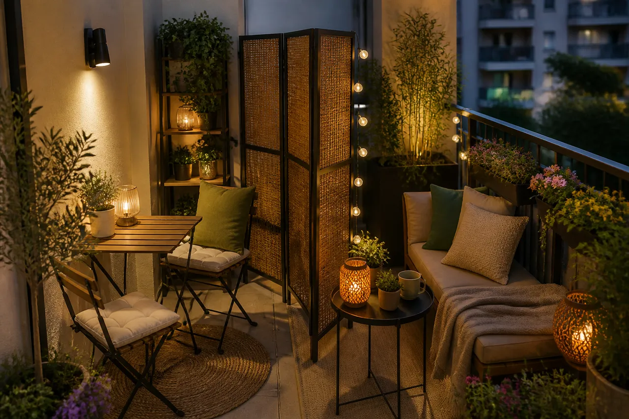 intimitate pe balcon cu paravan pliabil și plante