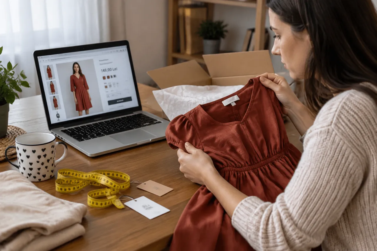 verificarea hainelor cumpărate online și a fișei produsului